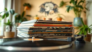 Discover vibrant lp records showcasing album art in a warm and inviting setting.
