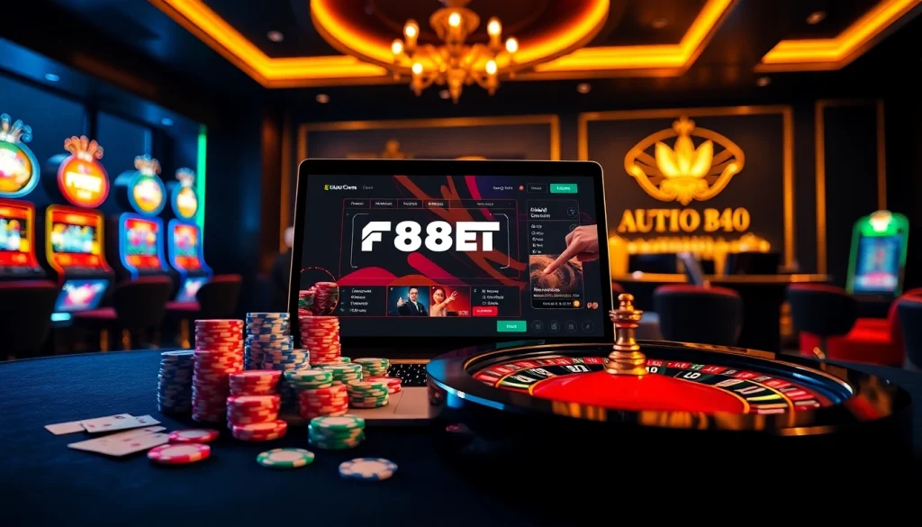 Experience the excitement of F8BET with vibrant poker chips and a roulette wheel in a luxurious casino scene.