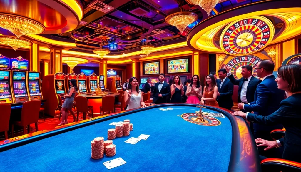 Engage with Kjc solutions at a vibrant casino featuring roulette wheels and poker tables.