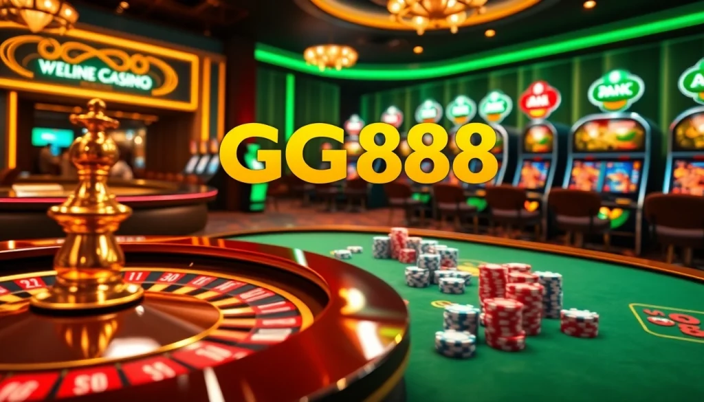 Exciting gaming action at GG888 online casino with roulette wheel and poker chips.