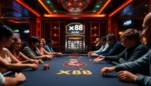 Excitement builds at the xx88 casino with players engaged at a poker table in a luxurious setting.