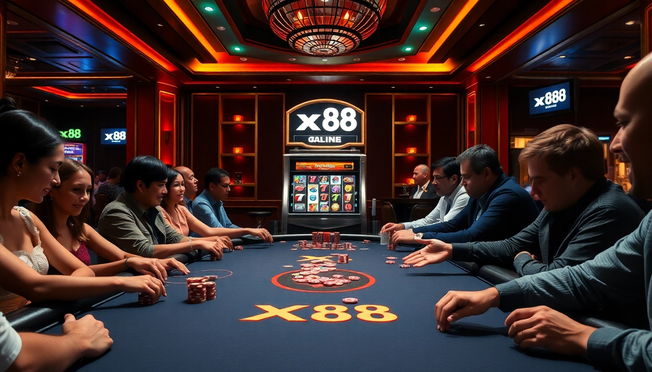 Excitement builds at the xx88 casino with players engaged at a poker table in a luxurious setting.