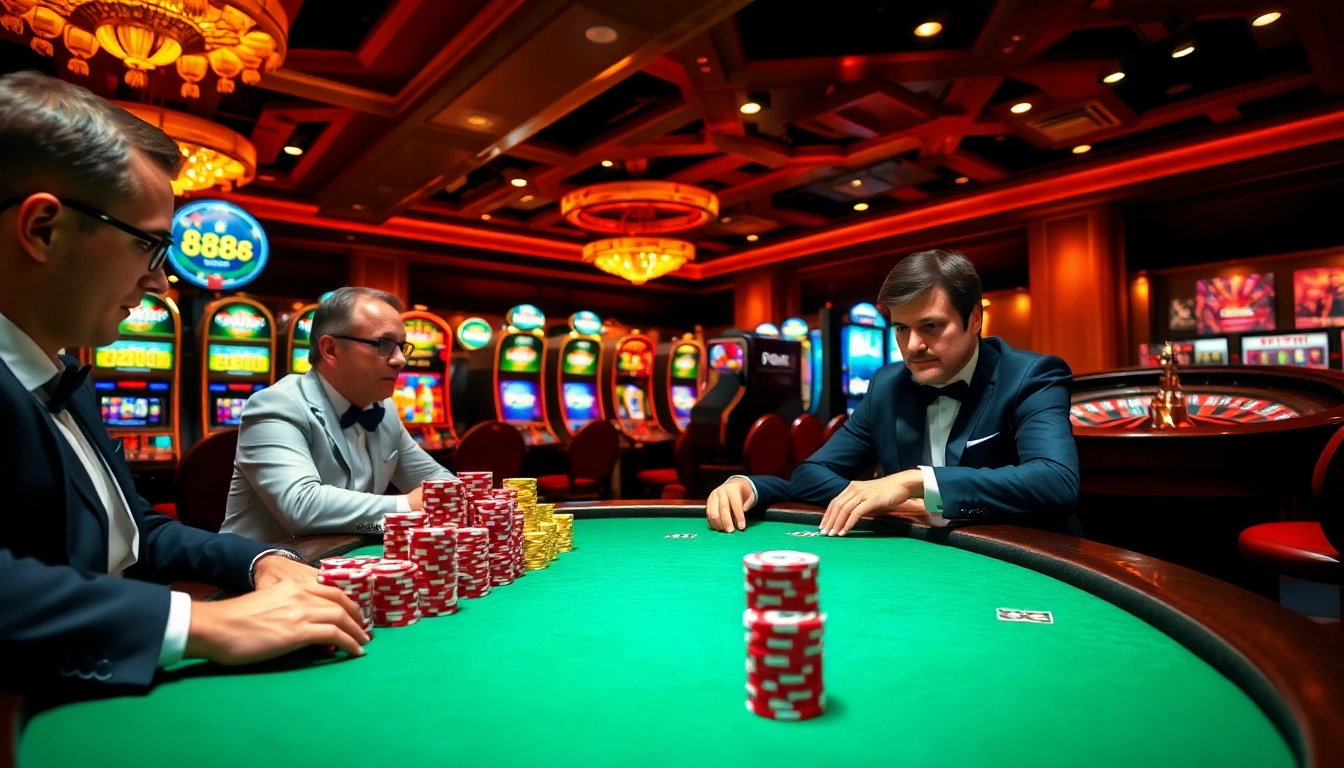 A dynamic casino scene depicting players at a poker table, highlighting the excitement of 888b.com gaming.
