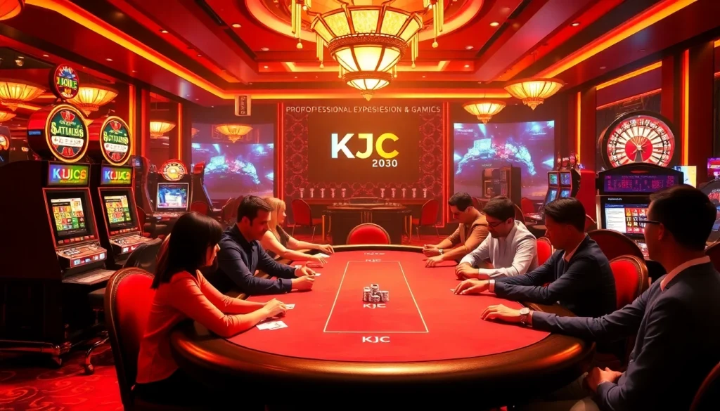 Experience the thrill of gaming at KJC's poker table, surrounded by vibrant slot machines.