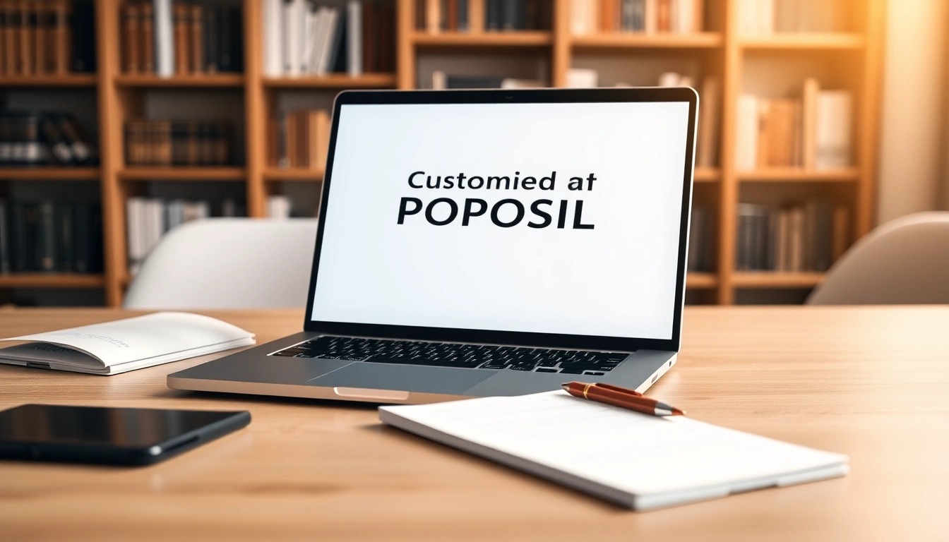 Engage in customized proposal writing with a sleek desk setup featuring a laptop and elegant stationary.