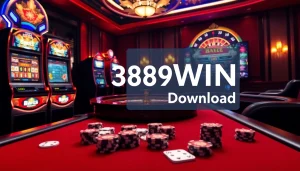 Exciting gaming scene showcasing the 389WIN Download with slot machines, poker, and roulette.