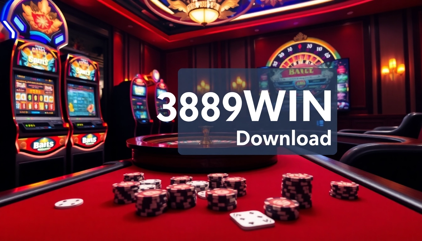 Exciting gaming scene showcasing the 389WIN Download with slot machines, poker, and roulette.