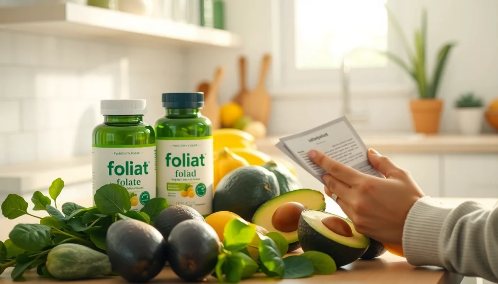 新鮮な果物とともに示される葉酸サプリの利点、健康的な選択を強調。