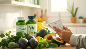 新鮮な果物とともに示される葉酸サプリの利点、健康的な選択を強調。