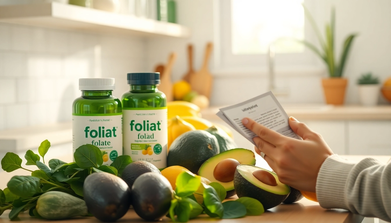 新鮮な果物とともに示される葉酸サプリの利点、健康的な選択を強調。