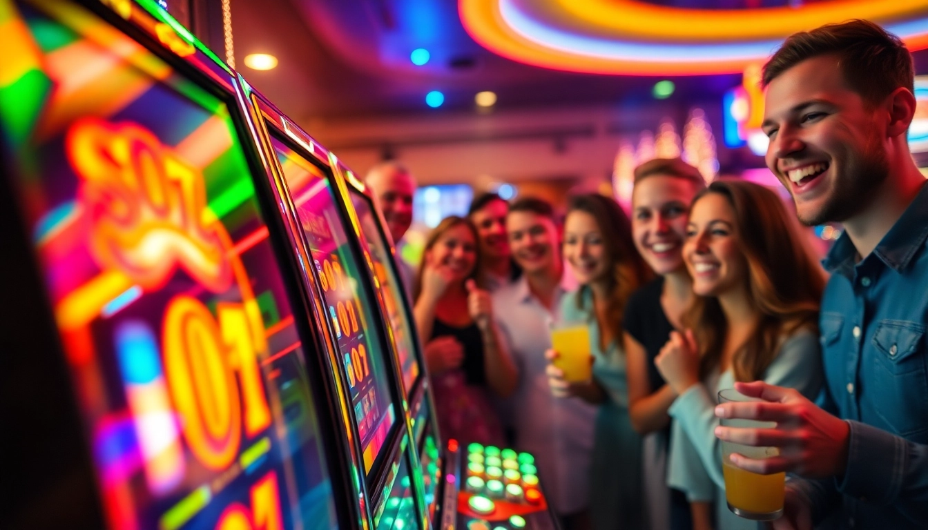 เล่นสนุกสนานกับ pgslot ทางเข้า โดยมีเครื่องสล็อตที่มีสีสันและผู้เล่นที่มีความสุข