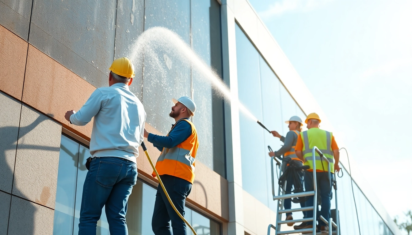 Cena čiščenja fasade: Profesionalna ekipa čisti fasado stavbe z okolju prijaznimi rešitvami, ki prikazujejo učinkovitost.