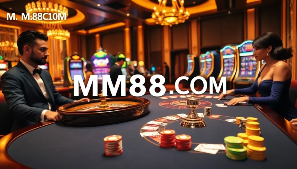 Experience the excitement of MM88COM with players at an elegant casino poker table.