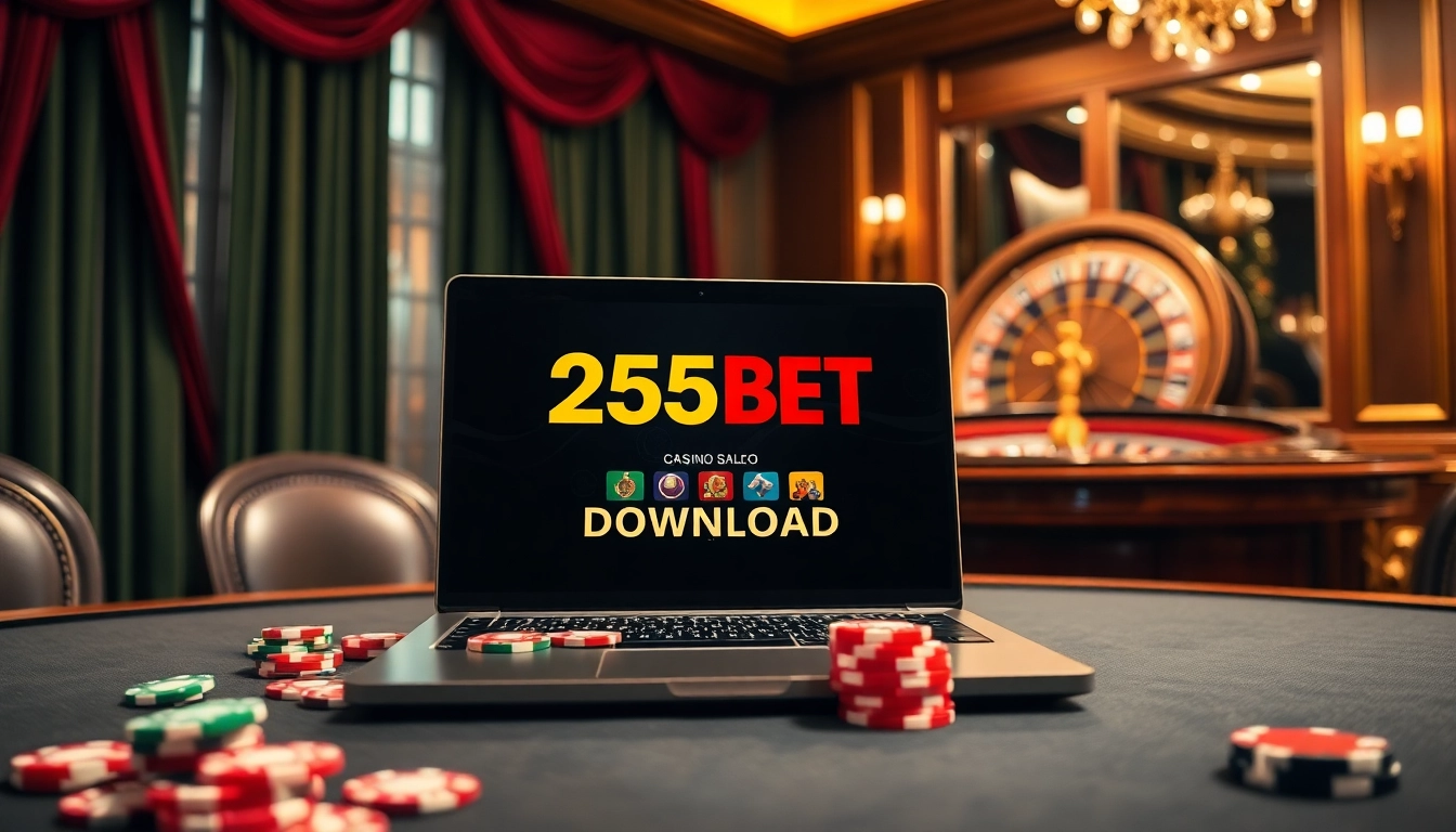 Experience high-class online gaming with the 255BET Download, showcasing a vibrant poker table and luxury ambiance.