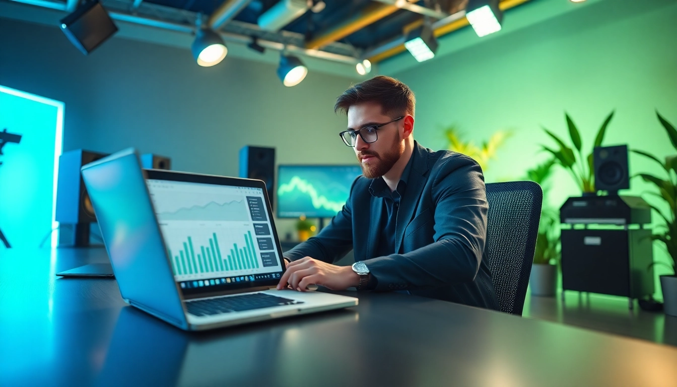 Engaging content creator analyzing data for content monetization for creators in a modern studio.