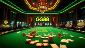Experience the excitement of gambling at GG88 with vibrant casino visuals, featuring tables, chips, and slot machines.