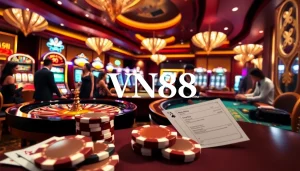 Engaging VN88 players at a luxury casino table surrounded by colorful slot machines and chips.