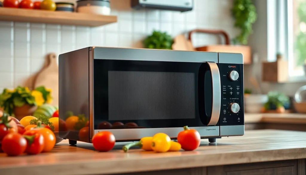 Showcasing a modern microwave oven in a vibrant kitchen filled with fresh ingredients.
