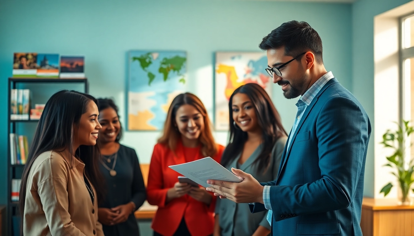 Assist clients with esta application in a welcoming office environment, highlighting professional support.