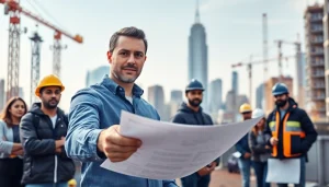 New York Construction Manager confidently directing a team on a busy construction site in Manhattan.