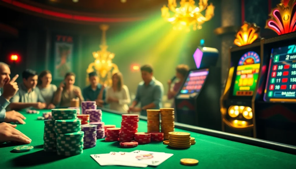 Players engaged at a poker table in a lively casino, showcasing the thrill of gambling with 7m.cn.