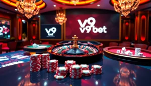 Engaging scene of V9 bet casino with roulette wheel, chips, and online gambling interface.