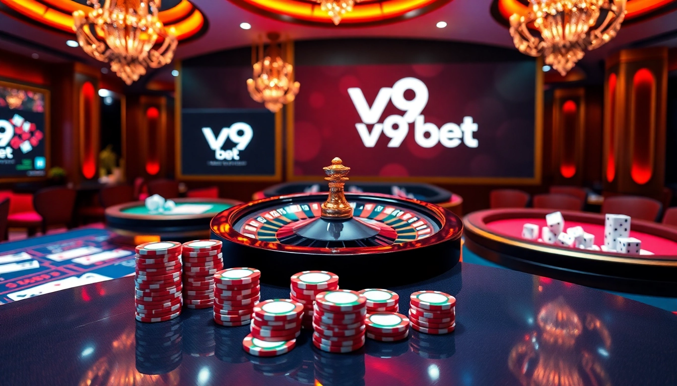 Engaging scene of V9 bet casino with roulette wheel, chips, and online gambling interface.