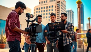 Capture the essence of a Video Production Company Phoenix working with a diverse team in a vibrant setting.