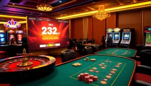 Engaging in 32 win đăng nhập at a luxurious casino with vibrant poker tables and roulette wheels.