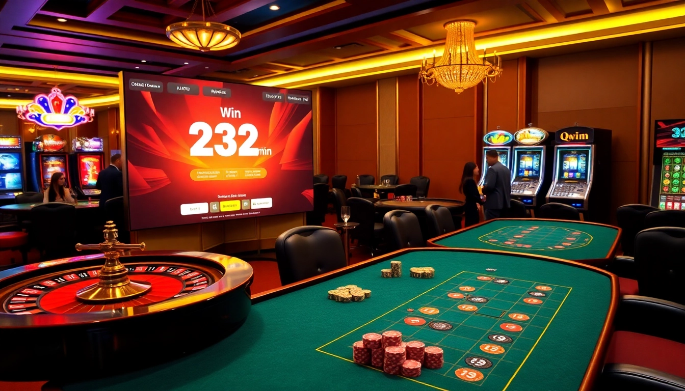 Engaging in 32 win đăng nhập at a luxurious casino with vibrant poker tables and roulette wheels.