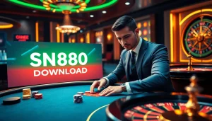 Experience the excitement of online gambling with the SN888 Download interface showcased in a vibrant casino scene.