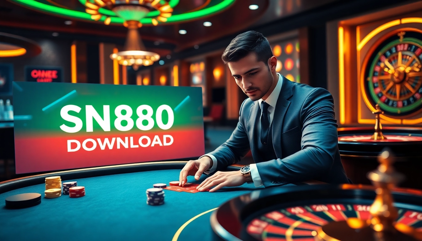 Experience the excitement of online gambling with the SN888 Download interface showcased in a vibrant casino scene.