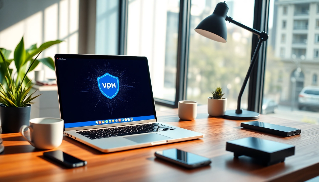 快连vpn下载 interface displayed on a sleek laptop in a modern workspace setting.