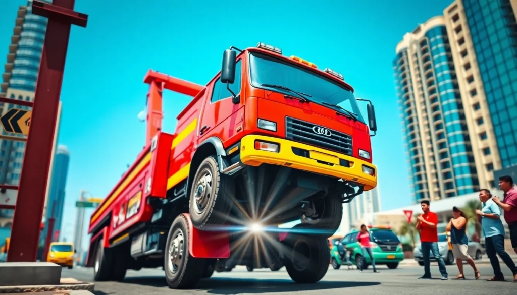 Witness effective roadside assistance with https://trtrecoveryuae.com's tow truck in action during a busy city day.
