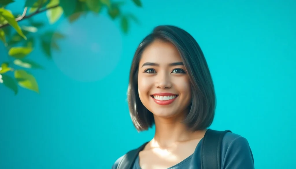 Vibrant whatsapp profile photo with a friendly person against a gradient background.