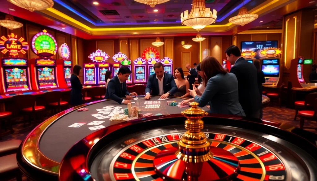 Exciting gambling at nhà cái 789win with vibrant casino tables and players engaged in poker.