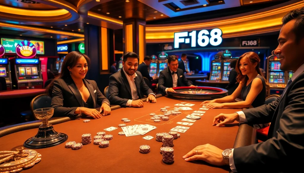 F168 players engaged in high-stakes poker surrounded by glamorous casino elements.