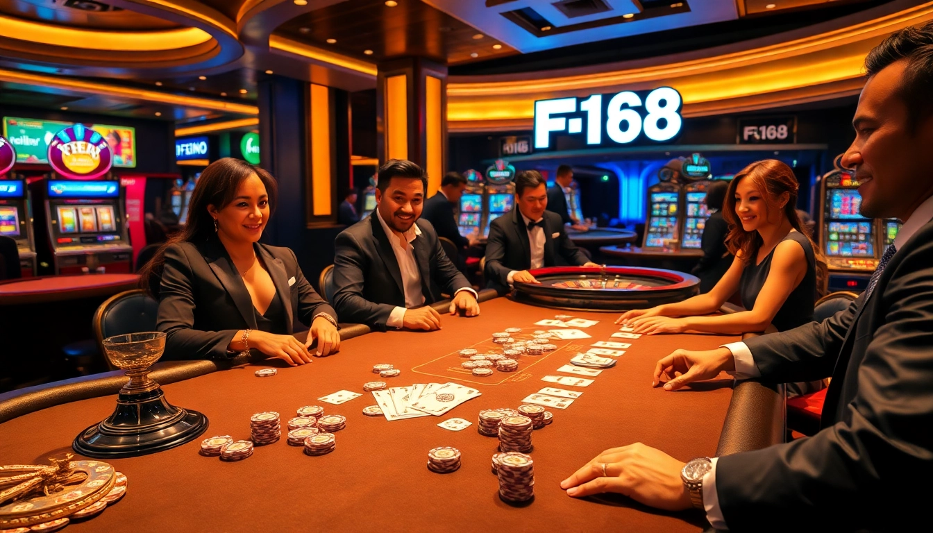 F168 players engaged in high-stakes poker surrounded by glamorous casino elements.