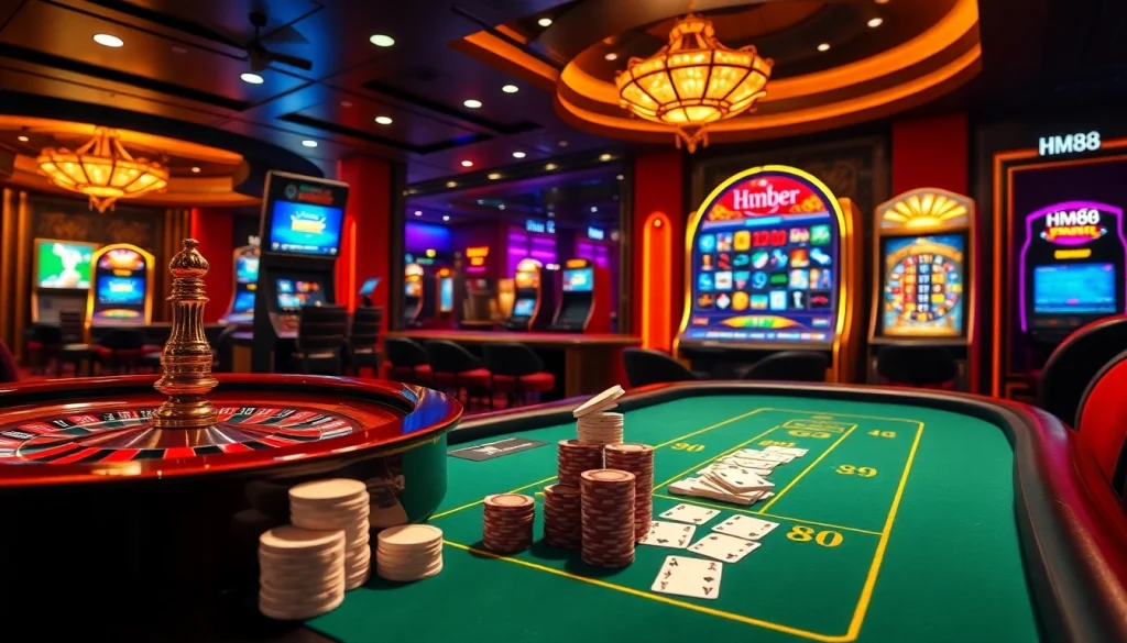 Experience thrilling gaming at HM88 with vibrant casino tables and exciting slot machines.