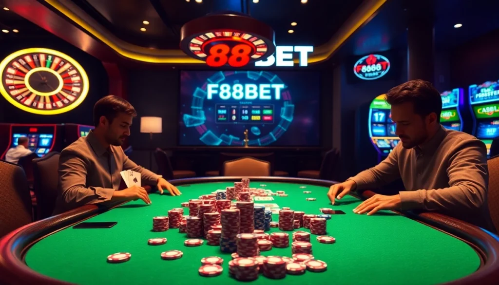 Engaging poker game scene featuring F88BET digital interface and casino elements.