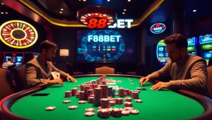 Engaging poker game scene featuring F88BET digital interface and casino elements.