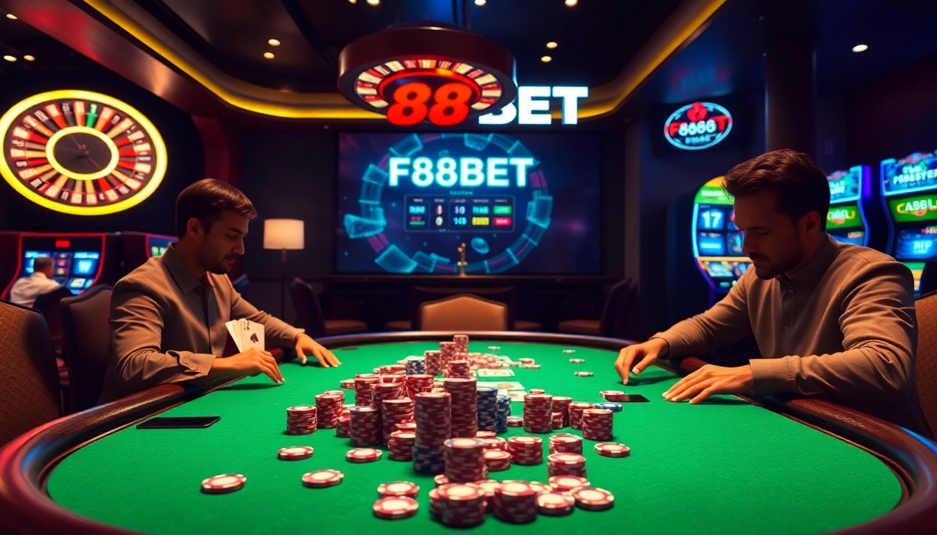 Engaging poker game scene featuring F88BET digital interface and casino elements.