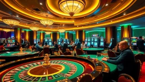 Excited players engaging in high-stakes games at KJC-branded casino tables.