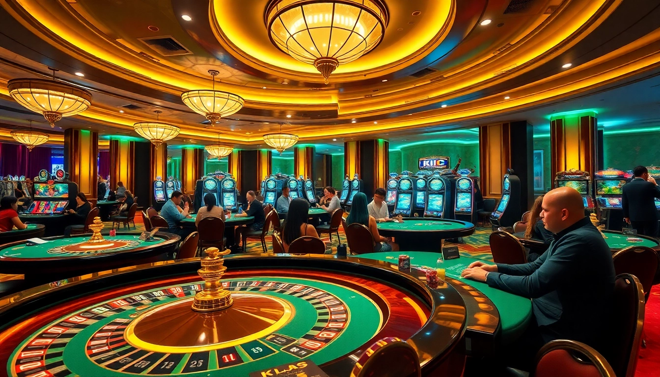 Excited players engaging in high-stakes games at KJC-branded casino tables.