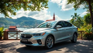 Kuching rent a car featuring a modern vehicle in a scenic landscape with local landmarks.