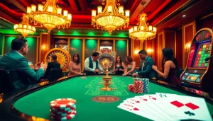 Players enjoying a thrilling game at 123b casino table with vibrant atmosphere.