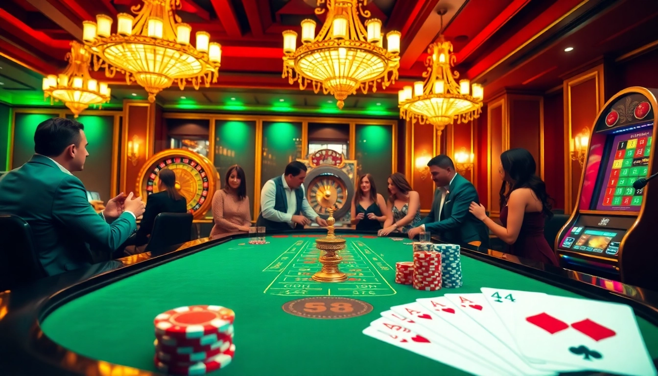 Players enjoying a thrilling game at 123b casino table with vibrant atmosphere.