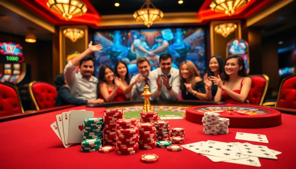 Players enjoying a winning moment at Hay 88 casino with vibrant tables and excitement.