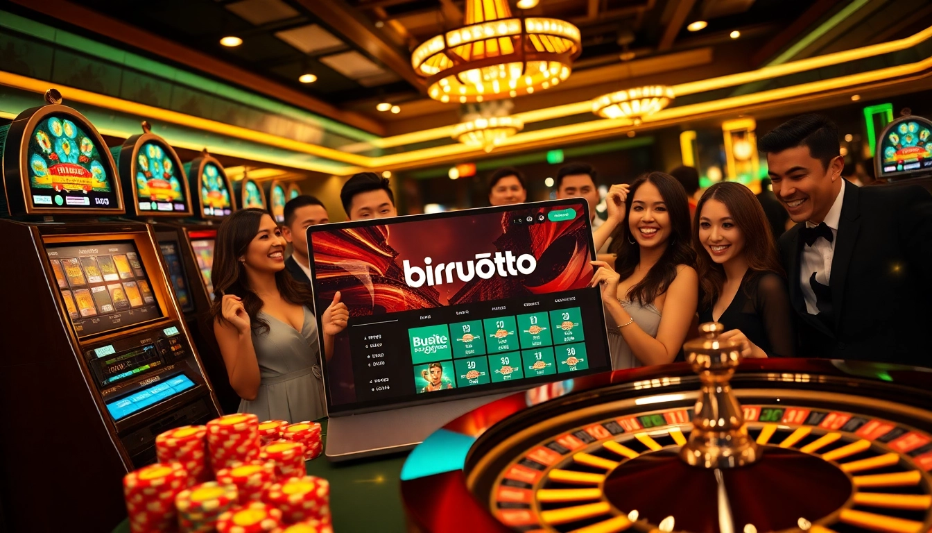 Engaged players at a luxurious casino venue highlighting birutoto online gambling excitement.