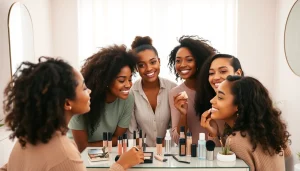 Easy beauty tutorial in a bright, modern studio with diverse individuals applying makeup.